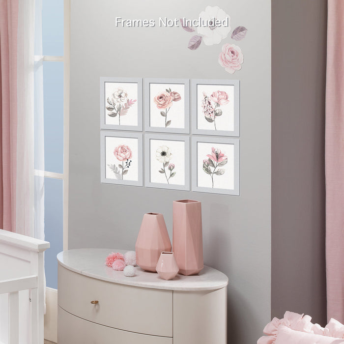 Lambs & Ivy Watercolor Floral Unframed Nursery Child Wall Art 6-Piece - Pink/Gray