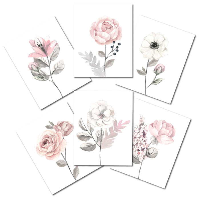 Lambs & Ivy Watercolor Floral Unframed Nursery Child Wall Art 6-Piece - Pink/Gray
